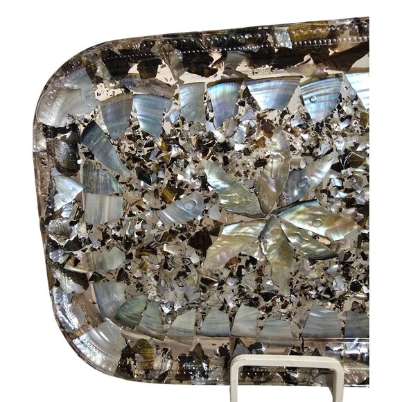 13" Abalone Mosaic Lucite Tray with Iridescent Floral Centerpiece Design - Picture 2 of 8